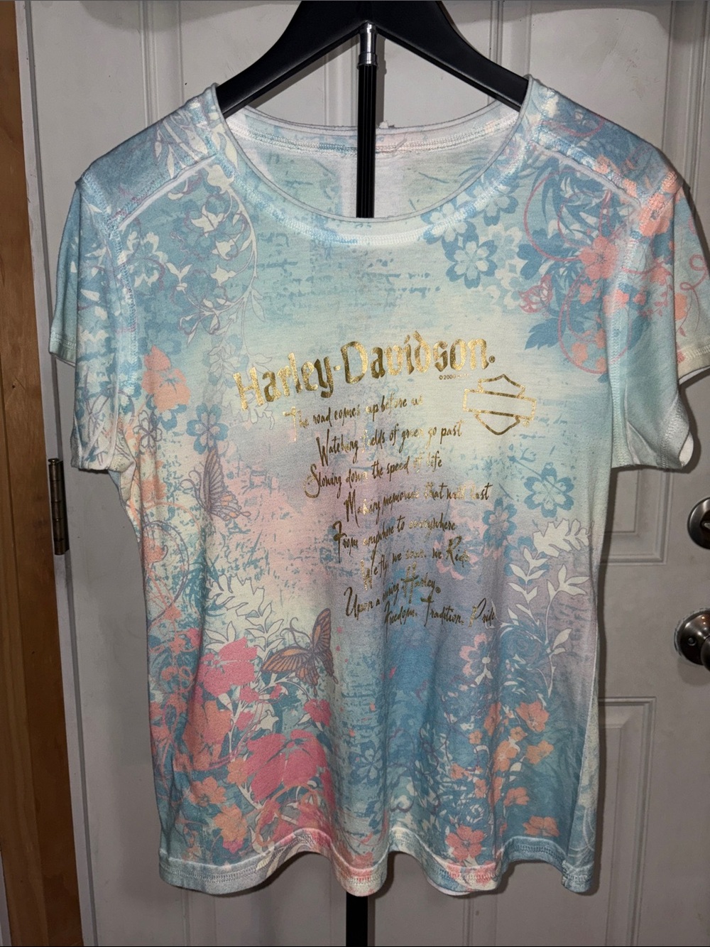 Y2K Harley Davidson All Over Print Multicolor Butterfly Short Sleeve